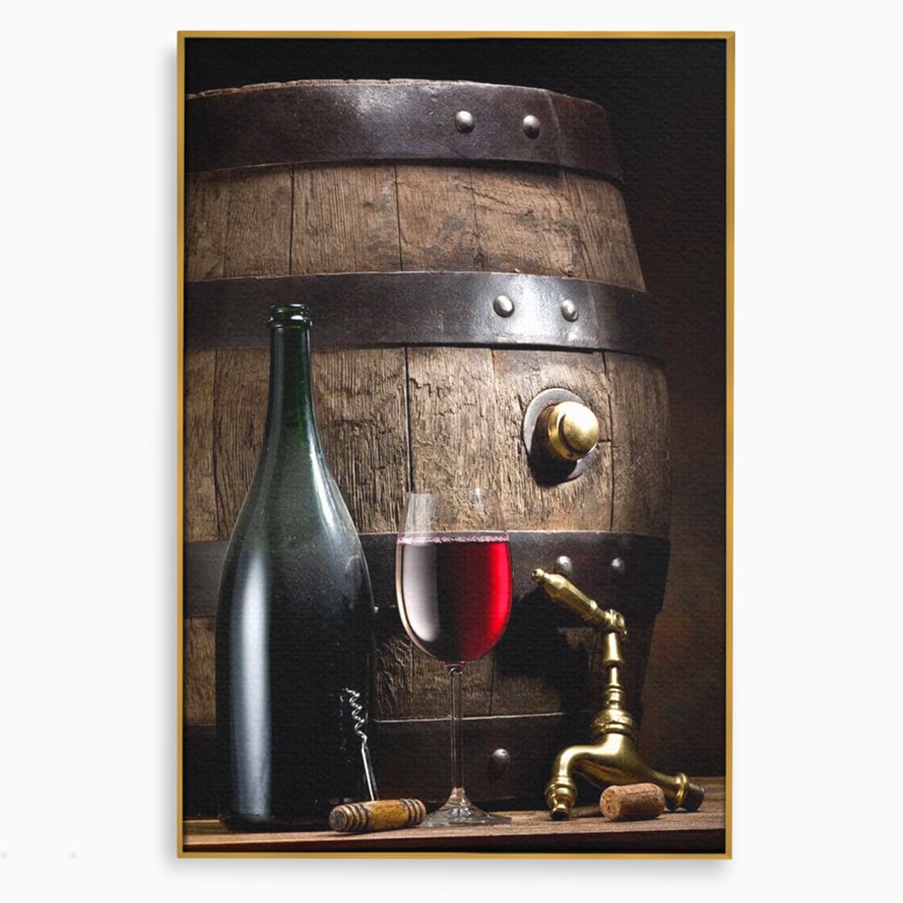 Tablou Canvas Premium, LuxCanva® N1019, Traditie in Lemn si Vin, Vin Rosu, Pahar, Sticla, Butoi, Crama, Rustic, Vintage, Bautura, Autentic, Pub, Lounge, Bar, Restaurant, Bucatarie