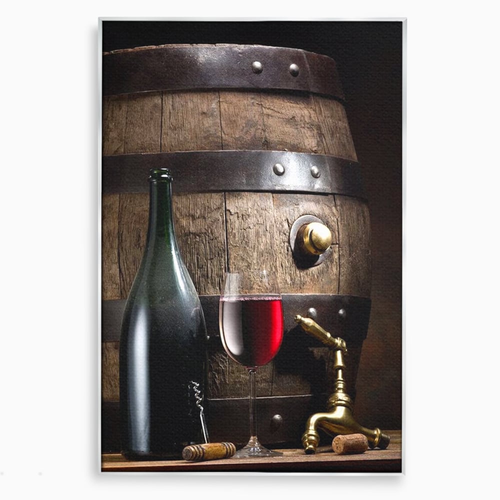 Tablou Canvas Premium, LuxCanva® N1019, Traditie in Lemn si Vin, Vin Rosu, Pahar, Sticla, Butoi, Crama, Rustic, Vintage, Bautura, Autentic, Pub, Lounge, Bar, Restaurant, Bucatarie