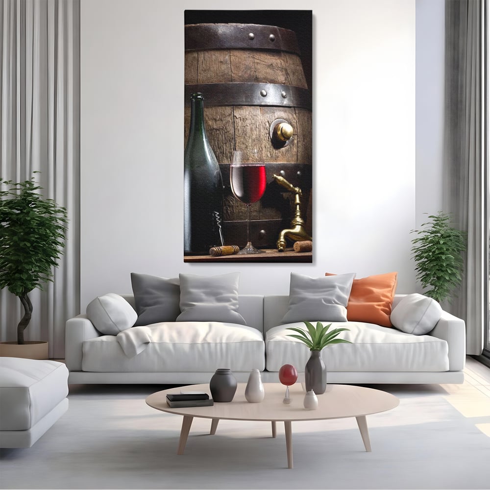 Tablou Canvas Premium, LuxCanva® N1019, Traditie in Lemn si Vin, Vin Rosu, Pahar, Sticla, Butoi, Crama, Rustic, Vintage, Bautura, Autentic, Pub, Lounge, Bar, Restaurant, Bucatarie