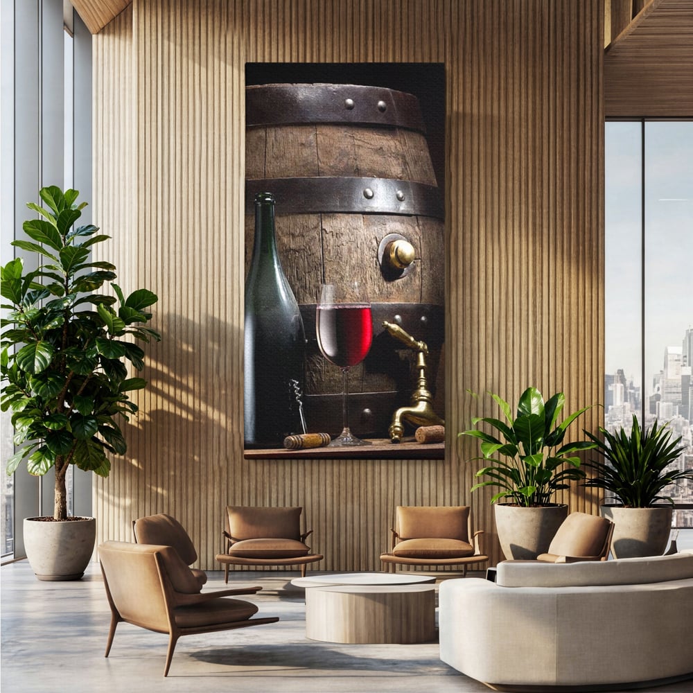 Tablou Canvas Premium, LuxCanva® N1019, Traditie in Lemn si Vin, Vin Rosu, Pahar, Sticla, Butoi, Crama, Rustic, Vintage, Bautura, Autentic, Pub, Lounge, Bar, Restaurant, Bucatarie