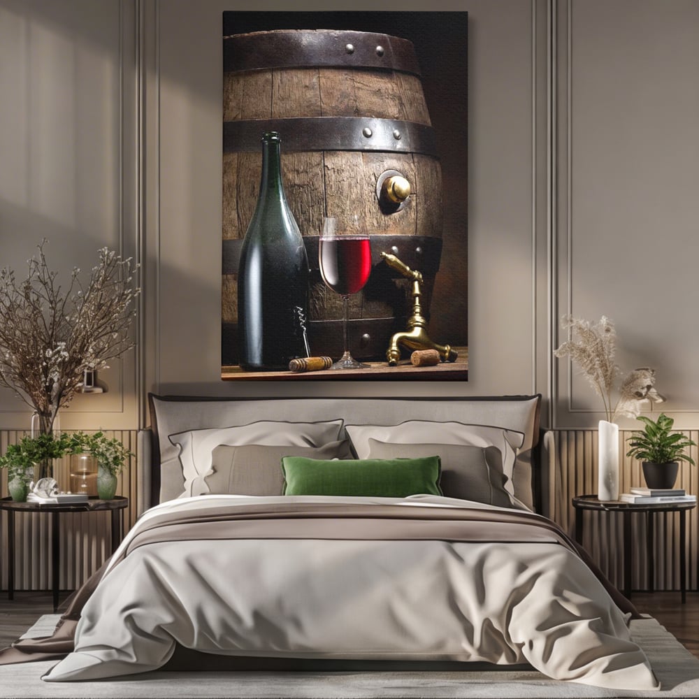 Tablou Canvas Premium, LuxCanva® N1019, Traditie in Lemn si Vin, Vin Rosu, Pahar, Sticla, Butoi, Crama, Rustic, Vintage, Bautura, Autentic, Pub, Lounge, Bar, Restaurant, Bucatarie