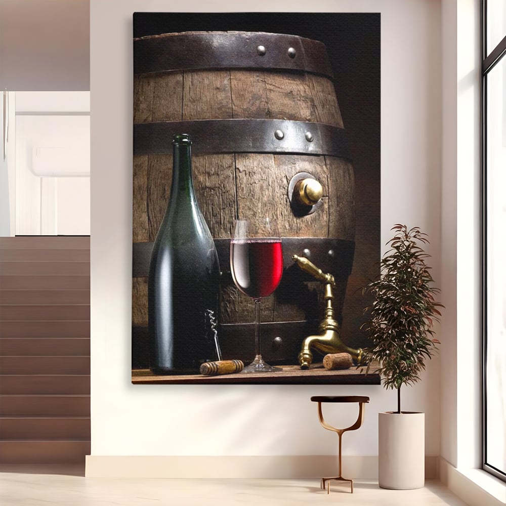Tablou Canvas Premium, LuxCanva® N1019, Traditie in Lemn si Vin, Vin Rosu, Pahar, Sticla, Butoi, Crama, Rustic, Vintage, Bautura, Autentic, Pub, Lounge, Bar, Restaurant, Bucatarie