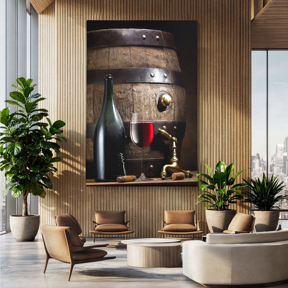 Tablou Canvas Premium, LuxCanva® N1019, Traditie in Lemn si Vin, Vin Rosu, Pahar, Sticla, Butoi, Crama, Rustic, Vintage, Bautura, Autentic, Pub, Lounge, Bar, Restaurant, Bucatarie
