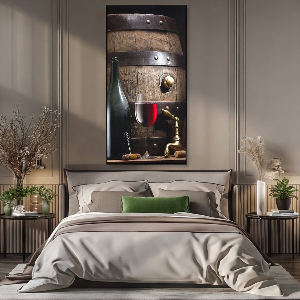 Tablou Canvas Premium, LuxCanva® N1019, Traditie in Lemn si Vin, Vin Rosu, Pahar, Sticla, Butoi, Crama, Rustic, Vintage, Bautura, Autentic, Pub, Lounge, Bar, Restaurant, Bucatarie