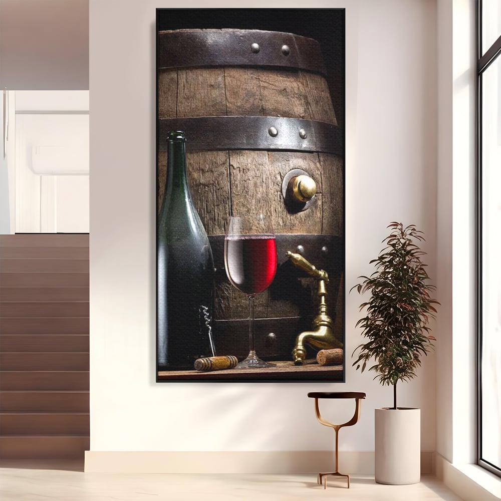 Tablou Canvas Premium, LuxCanva® N1019, Traditie in Lemn si Vin, Vin Rosu, Pahar, Sticla, Butoi, Crama, Rustic, Vintage, Bautura, Autentic, Pub, Lounge, Bar, Restaurant, Bucatarie