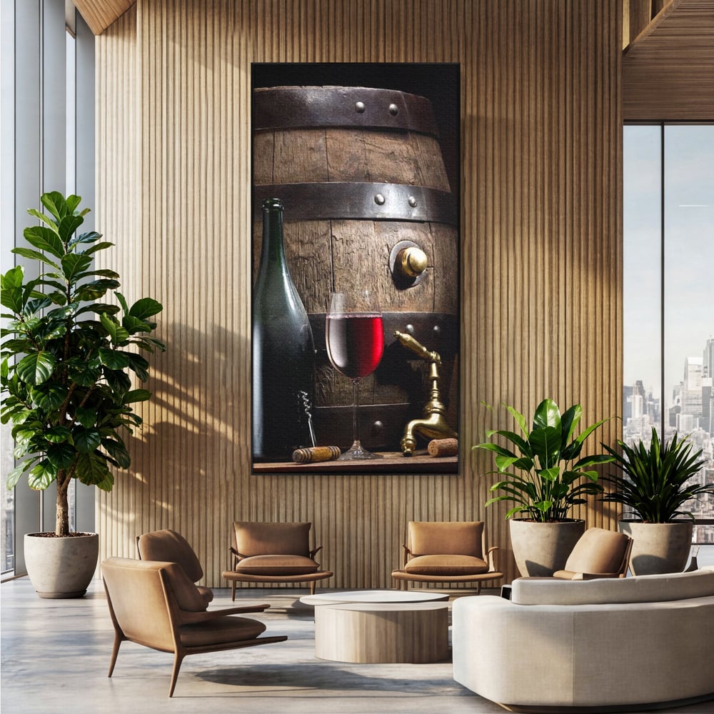 Tablou Canvas Premium, LuxCanva® N1019, Traditie in Lemn si Vin, Vin Rosu, Pahar, Sticla, Butoi, Crama, Rustic, Vintage, Bautura, Autentic, Pub, Lounge, Bar, Restaurant, Bucatarie