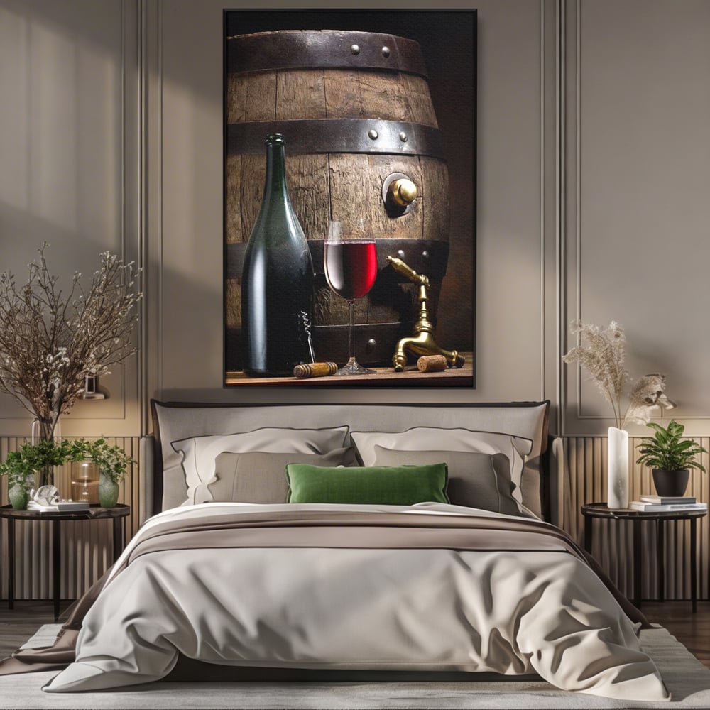 Tablou Canvas Premium, LuxCanva® N1019, Traditie in Lemn si Vin, Vin Rosu, Pahar, Sticla, Butoi, Crama, Rustic, Vintage, Bautura, Autentic, Pub, Lounge, Bar, Restaurant, Bucatarie