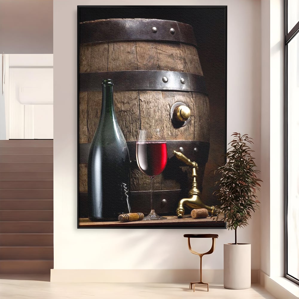 Tablou Canvas Premium, LuxCanva® N1019, Traditie in Lemn si Vin, Vin Rosu, Pahar, Sticla, Butoi, Crama, Rustic, Vintage, Bautura, Autentic, Pub, Lounge, Bar, Restaurant, Bucatarie