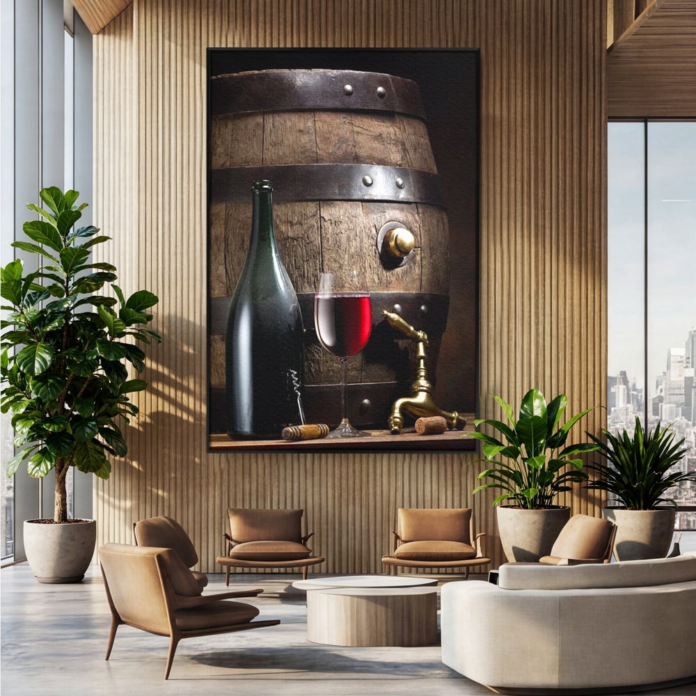 Tablou Canvas Premium, LuxCanva® N1019, Traditie in Lemn si Vin, Vin Rosu, Pahar, Sticla, Butoi, Crama, Rustic, Vintage, Bautura, Autentic, Pub, Lounge, Bar, Restaurant, Bucatarie