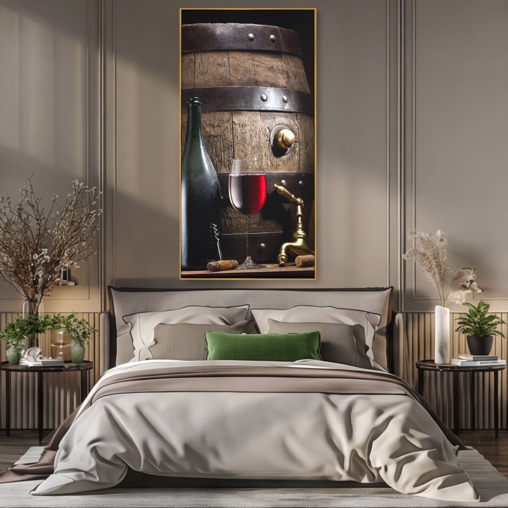 Tablou Canvas Premium, LuxCanva® N1019, Traditie in Lemn si Vin, Vin Rosu, Pahar, Sticla, Butoi, Crama, Rustic, Vintage, Bautura, Autentic, Pub, Lounge, Bar, Restaurant, Bucatarie