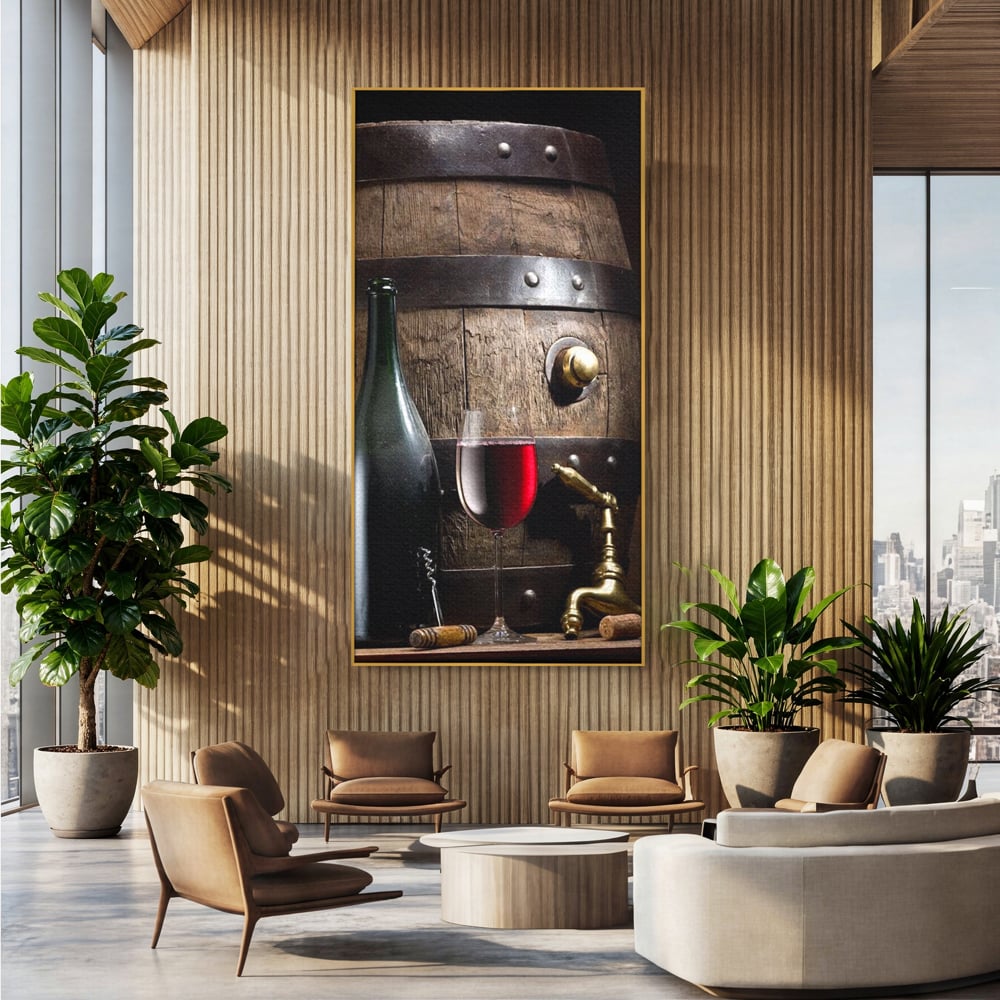 Tablou Canvas Premium, LuxCanva® N1019, Traditie in Lemn si Vin, Vin Rosu, Pahar, Sticla, Butoi, Crama, Rustic, Vintage, Bautura, Autentic, Pub, Lounge, Bar, Restaurant, Bucatarie
