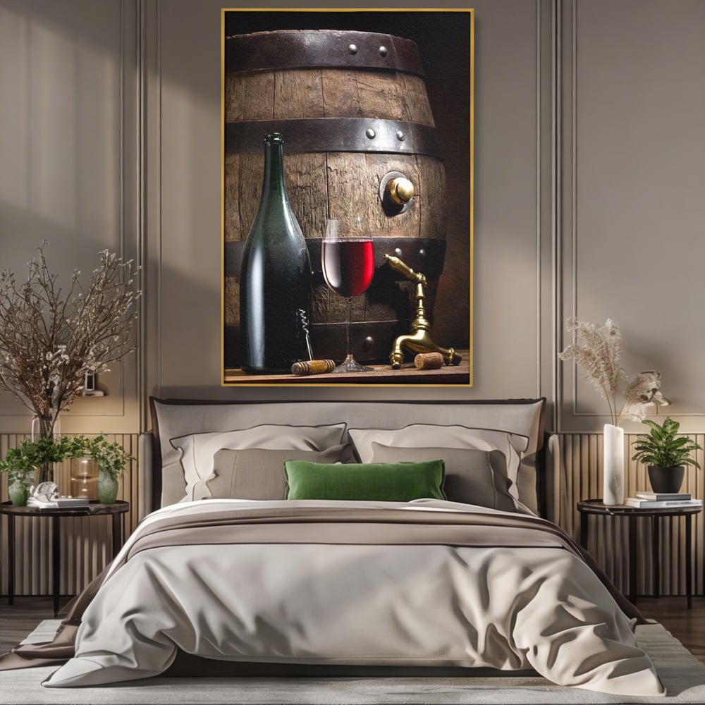 Tablou Canvas Premium, LuxCanva® N1019, Traditie in Lemn si Vin, Vin Rosu, Pahar, Sticla, Butoi, Crama, Rustic, Vintage, Bautura, Autentic, Pub, Lounge, Bar, Restaurant, Bucatarie