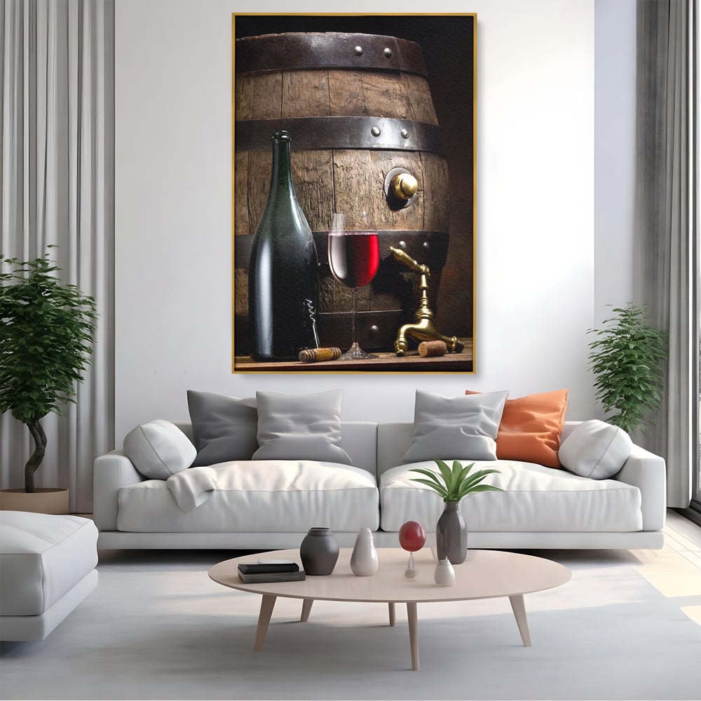 Tablou Canvas Premium, LuxCanva® N1019, Traditie in Lemn si Vin, Vin Rosu, Pahar, Sticla, Butoi, Crama, Rustic, Vintage, Bautura, Autentic, Pub, Lounge, Bar, Restaurant, Bucatarie