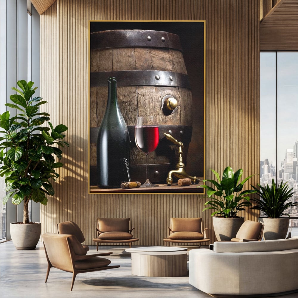 Tablou Canvas Premium, LuxCanva® N1019, Traditie in Lemn si Vin, Vin Rosu, Pahar, Sticla, Butoi, Crama, Rustic, Vintage, Bautura, Autentic, Pub, Lounge, Bar, Restaurant, Bucatarie