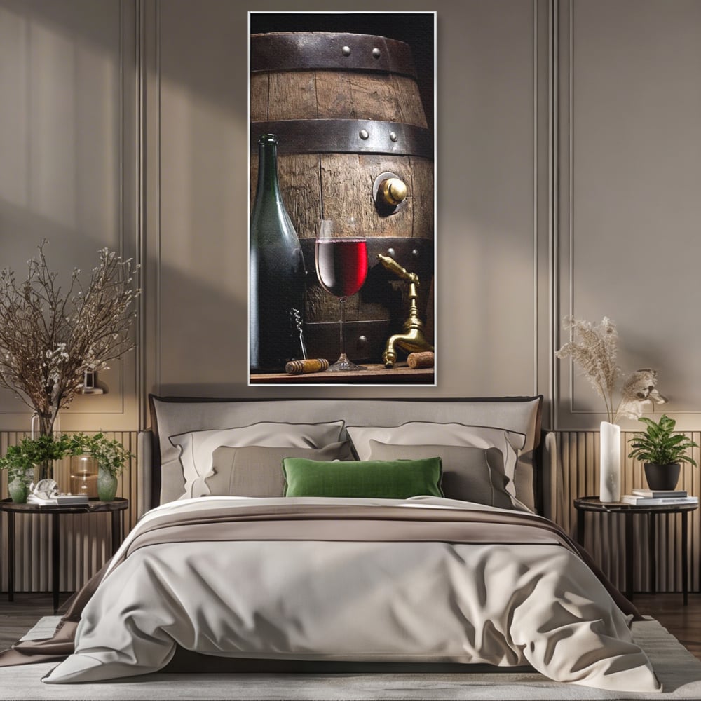 Tablou Canvas Premium, LuxCanva® N1019, Traditie in Lemn si Vin, Vin Rosu, Pahar, Sticla, Butoi, Crama, Rustic, Vintage, Bautura, Autentic, Pub, Lounge, Bar, Restaurant, Bucatarie