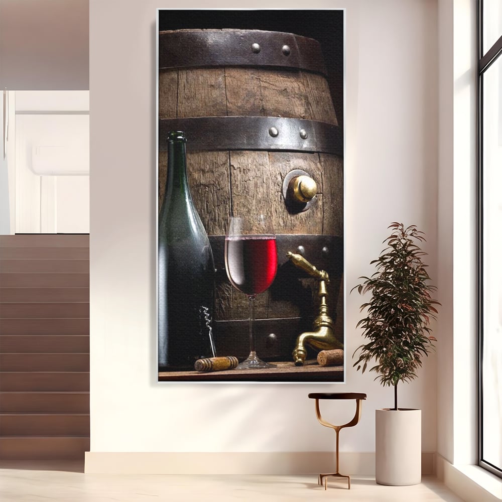 Tablou Canvas Premium, LuxCanva® N1019, Traditie in Lemn si Vin, Vin Rosu, Pahar, Sticla, Butoi, Crama, Rustic, Vintage, Bautura, Autentic, Pub, Lounge, Bar, Restaurant, Bucatarie