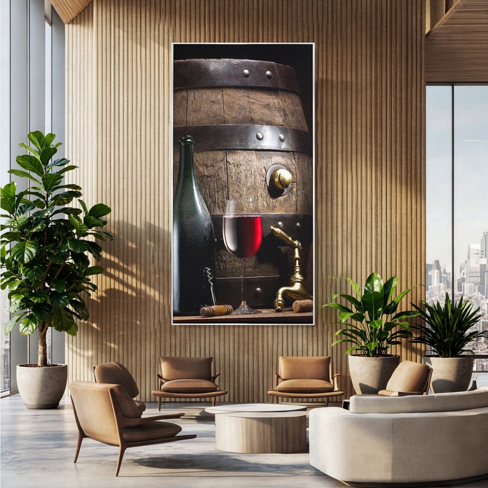 Tablou Canvas Premium, LuxCanva® N1019, Traditie in Lemn si Vin, Vin Rosu, Pahar, Sticla, Butoi, Crama, Rustic, Vintage, Bautura, Autentic, Pub, Lounge, Bar, Restaurant, Bucatarie