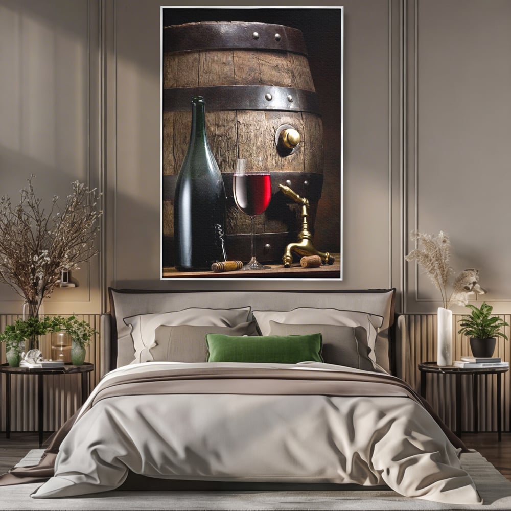 Tablou Canvas Premium, LuxCanva® N1019, Traditie in Lemn si Vin, Vin Rosu, Pahar, Sticla, Butoi, Crama, Rustic, Vintage, Bautura, Autentic, Pub, Lounge, Bar, Restaurant, Bucatarie