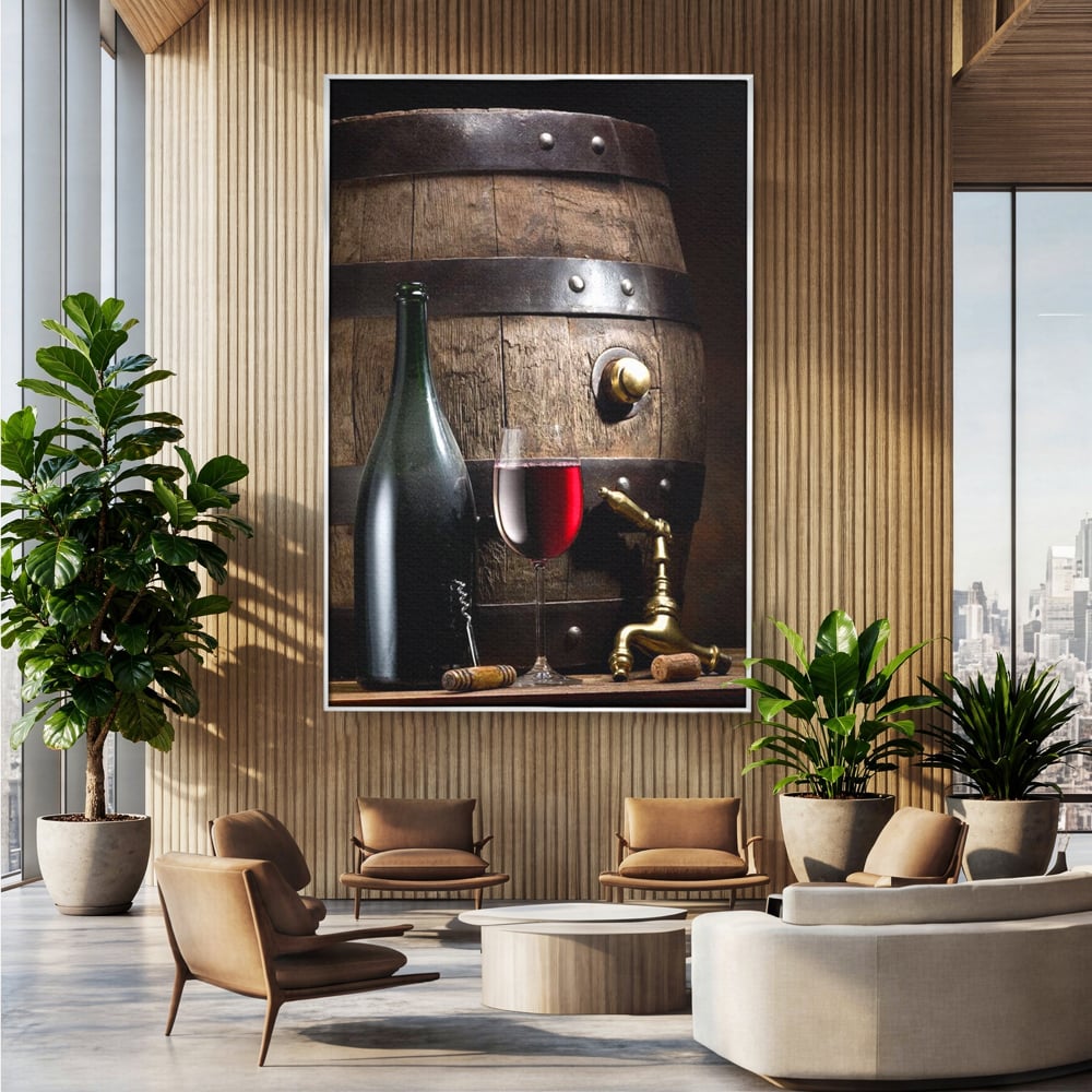 Tablou Canvas Premium, LuxCanva® N1019, Traditie in Lemn si Vin, Vin Rosu, Pahar, Sticla, Butoi, Crama, Rustic, Vintage, Bautura, Autentic, Pub, Lounge, Bar, Restaurant, Bucatarie