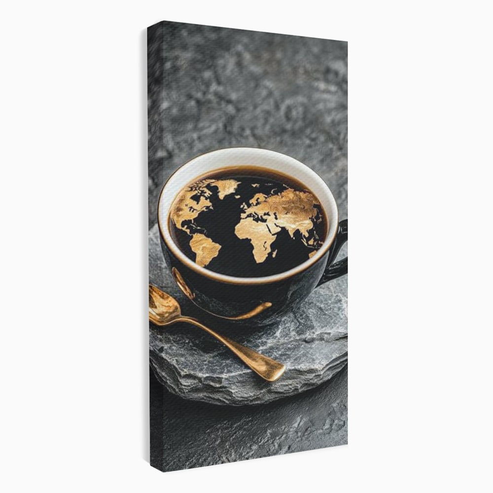 Tablou Canvas Premium, LuxCanva® N1020, Harta de Aur, Cafea, Espresso, Harta Lumii, Auriu, Negru, Aroma, Continente, Elegant, Lux, Pub, Lounge, Bar, Restaurant, Bucatarie