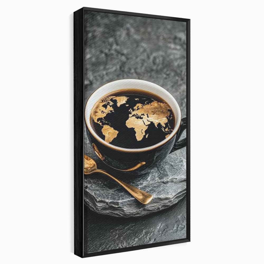 Tablou Canvas Premium, LuxCanva® N1020, Harta de Aur, Cafea, Espresso, Harta Lumii, Auriu, Negru, Aroma, Continente, Elegant, Lux, Pub, Lounge, Bar, Restaurant, Bucatarie