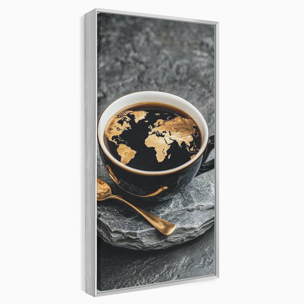 Tablou Canvas Premium, LuxCanva® N1020, Harta de Aur, Cafea, Espresso, Harta Lumii, Auriu, Negru, Aroma, Continente, Elegant, Lux, Pub, Lounge, Bar, Restaurant, Bucatarie