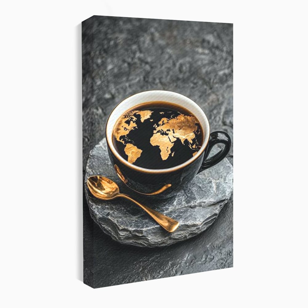 Tablou Canvas Premium, LuxCanva® N1020, Harta de Aur, Cafea, Espresso, Harta Lumii, Auriu, Negru, Aroma, Continente, Elegant, Lux, Pub, Lounge, Bar, Restaurant, Bucatarie