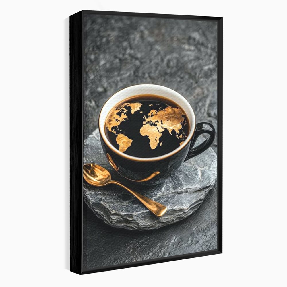 Tablou Canvas Premium, LuxCanva® N1020, Harta de Aur, Cafea, Espresso, Harta Lumii, Auriu, Negru, Aroma, Continente, Elegant, Lux, Pub, Lounge, Bar, Restaurant, Bucatarie