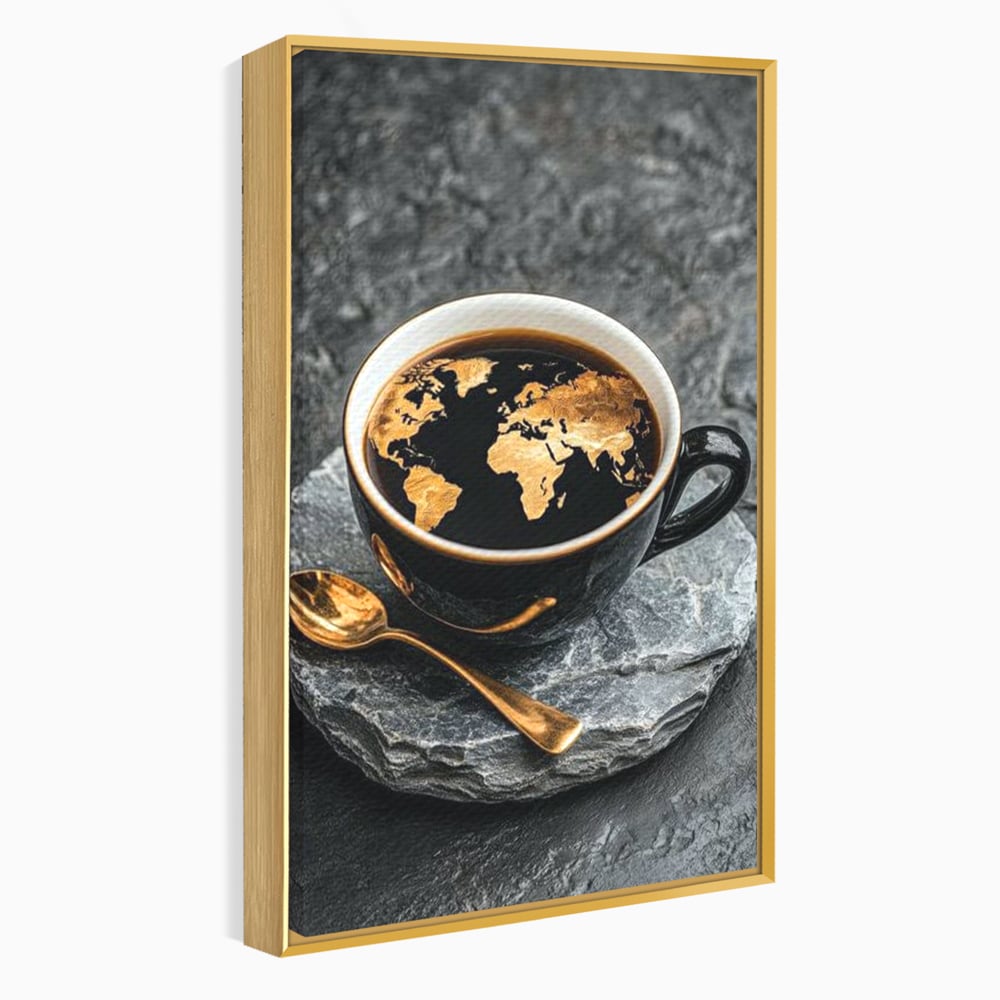 Tablou Canvas Premium, LuxCanva® N1020, Harta de Aur, Cafea, Espresso, Harta Lumii, Auriu, Negru, Aroma, Continente, Elegant, Lux, Pub, Lounge, Bar, Restaurant, Bucatarie