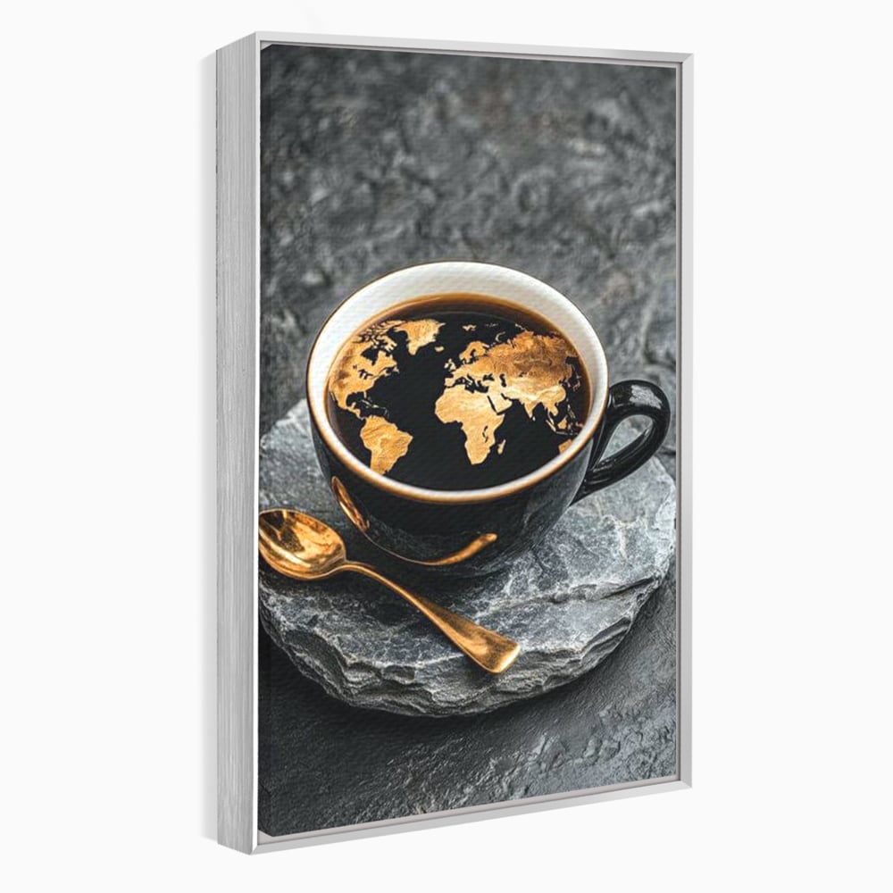 Tablou Canvas Premium, LuxCanva® N1020, Harta de Aur, Cafea, Espresso, Harta Lumii, Auriu, Negru, Aroma, Continente, Elegant, Lux, Pub, Lounge, Bar, Restaurant, Bucatarie