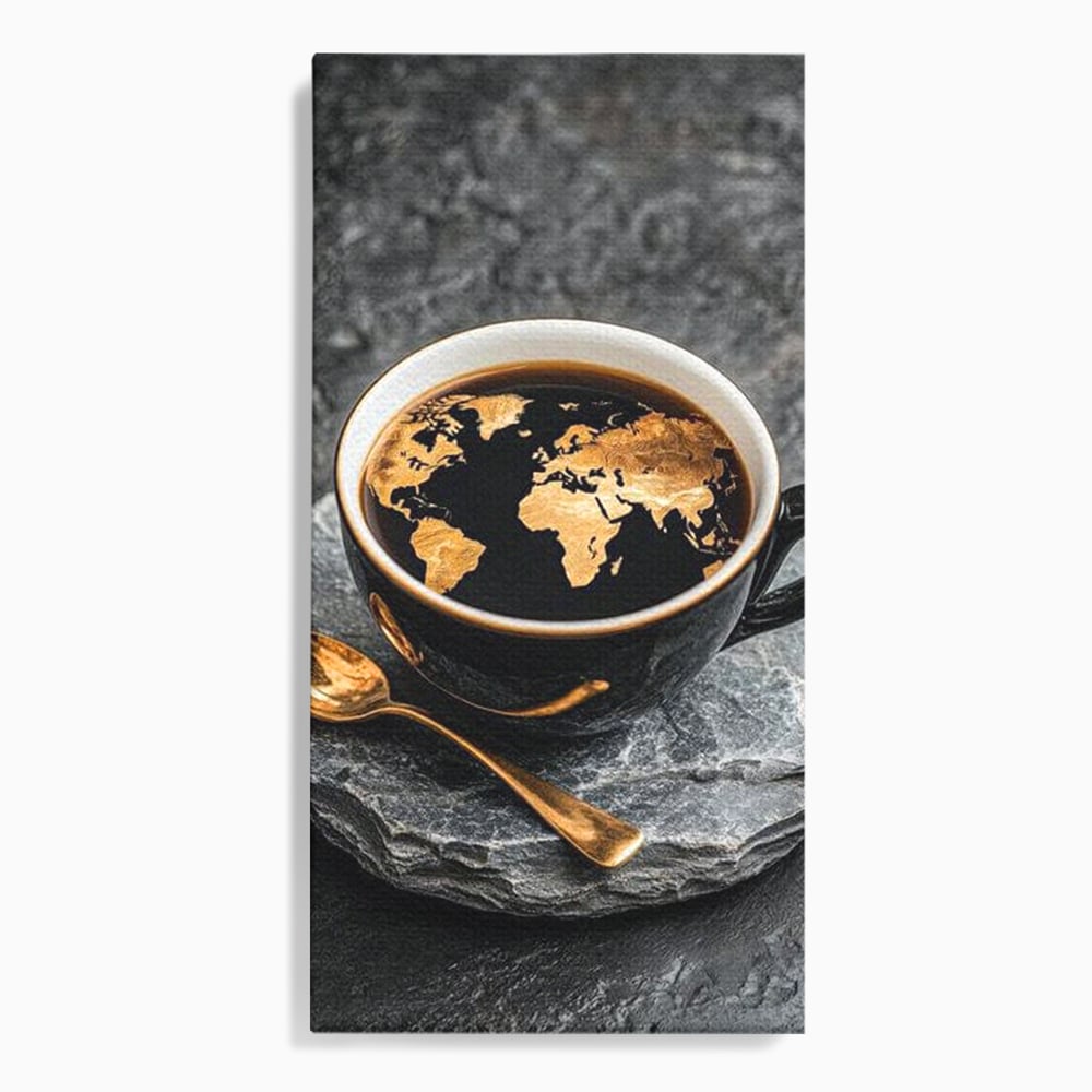 Tablou Canvas Premium, LuxCanva® N1020, Harta de Aur, Cafea, Espresso, Harta Lumii, Auriu, Negru, Aroma, Continente, Elegant, Lux, Pub, Lounge, Bar, Restaurant, Bucatarie