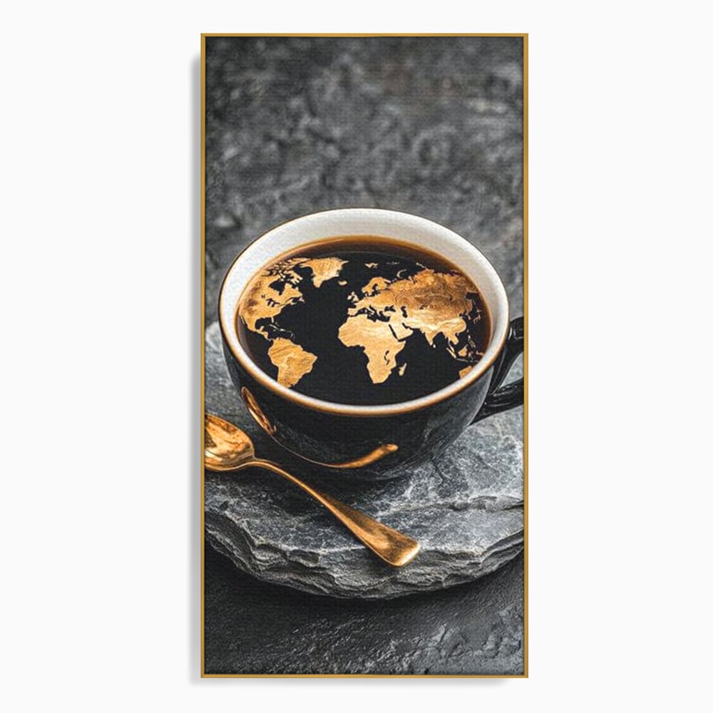 Tablou Canvas Premium, LuxCanva® N1020, Harta de Aur, Cafea, Espresso, Harta Lumii, Auriu, Negru, Aroma, Continente, Elegant, Lux, Pub, Lounge, Bar, Restaurant, Bucatarie