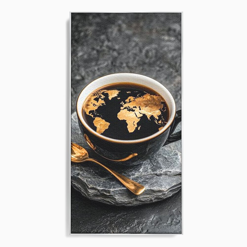 Tablou Canvas Premium, LuxCanva® N1020, Harta de Aur, Cafea, Espresso, Harta Lumii, Auriu, Negru, Aroma, Continente, Elegant, Lux, Pub, Lounge, Bar, Restaurant, Bucatarie