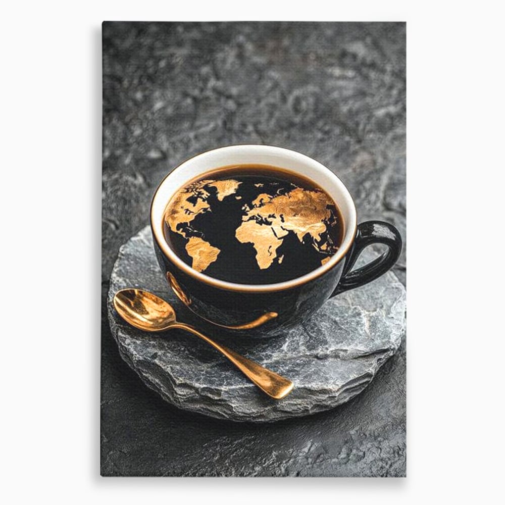 Tablou Canvas Premium, LuxCanva® N1020, Harta de Aur, Cafea, Espresso, Harta Lumii, Auriu, Negru, Aroma, Continente, Elegant, Lux, Pub, Lounge, Bar, Restaurant, Bucatarie