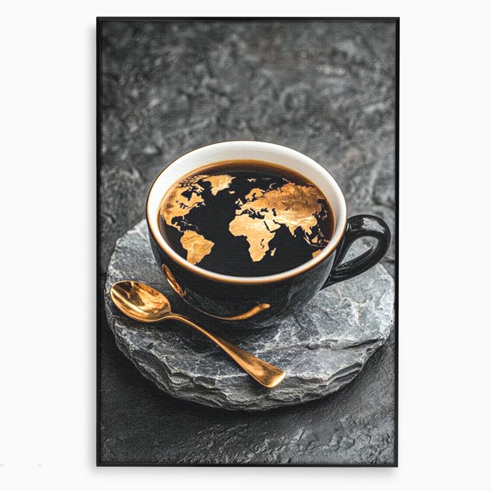 Tablou Canvas Premium, LuxCanva® N1020, Harta de Aur, Cafea, Espresso, Harta Lumii, Auriu, Negru, Aroma, Continente, Elegant, Lux, Pub, Lounge, Bar, Restaurant, Bucatarie