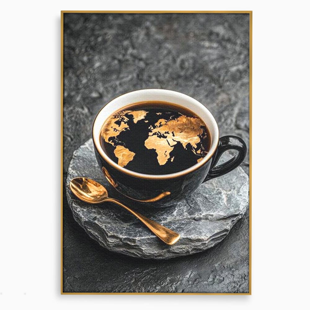 Tablou Canvas Premium, LuxCanva® N1020, Harta de Aur, Cafea, Espresso, Harta Lumii, Auriu, Negru, Aroma, Continente, Elegant, Lux, Pub, Lounge, Bar, Restaurant, Bucatarie