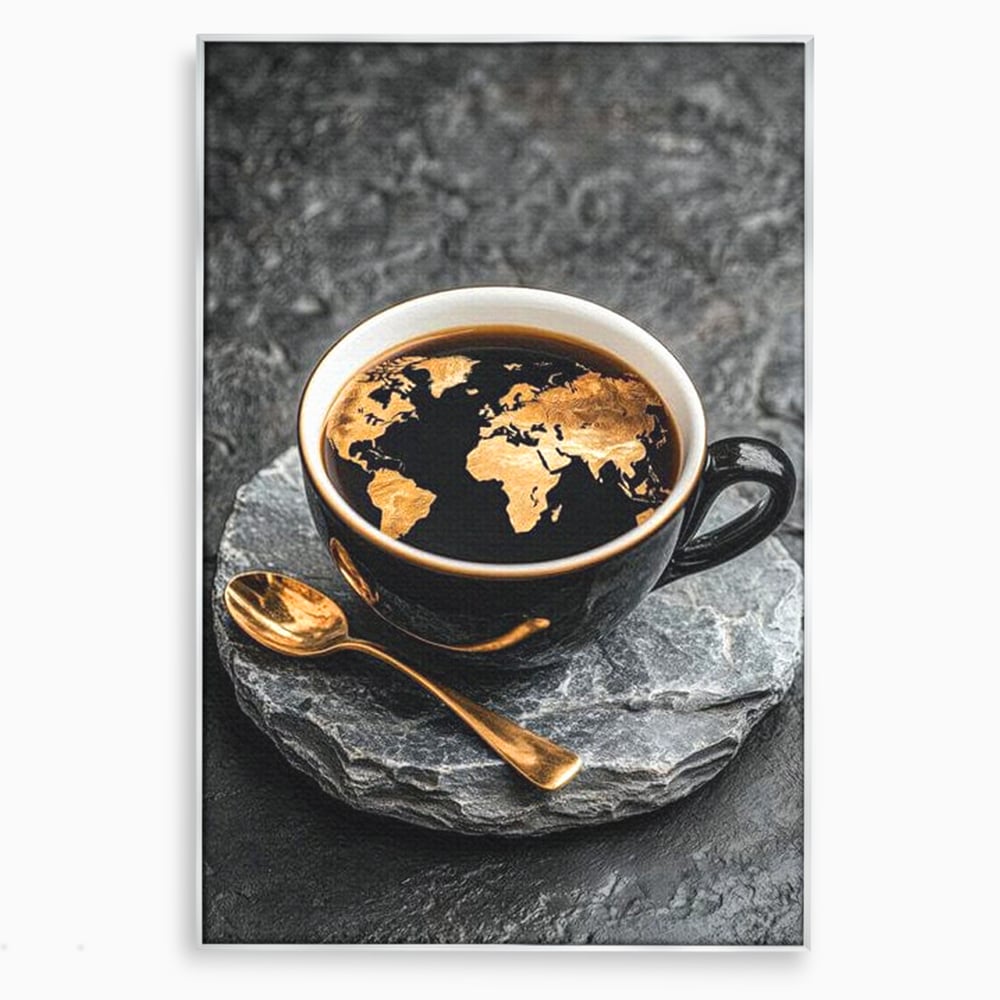 Tablou Canvas Premium, LuxCanva® N1020, Harta de Aur, Cafea, Espresso, Harta Lumii, Auriu, Negru, Aroma, Continente, Elegant, Lux, Pub, Lounge, Bar, Restaurant, Bucatarie