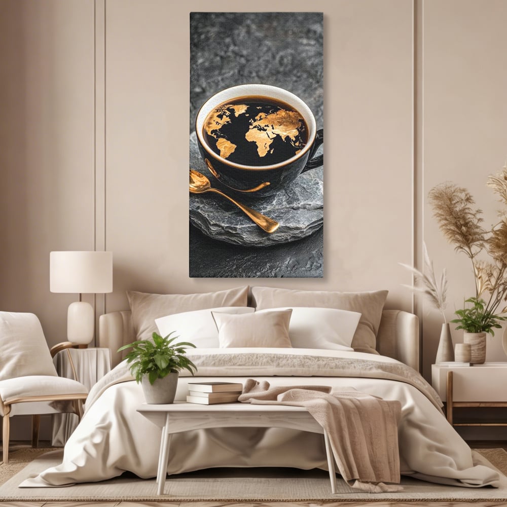 Tablou Canvas Premium, LuxCanva® N1020, Harta de Aur, Cafea, Espresso, Harta Lumii, Auriu, Negru, Aroma, Continente, Elegant, Lux, Pub, Lounge, Bar, Restaurant, Bucatarie