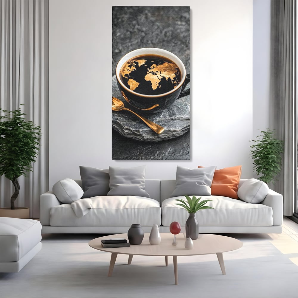 Tablou Canvas Premium, LuxCanva® N1020, Harta de Aur, Cafea, Espresso, Harta Lumii, Auriu, Negru, Aroma, Continente, Elegant, Lux, Pub, Lounge, Bar, Restaurant, Bucatarie