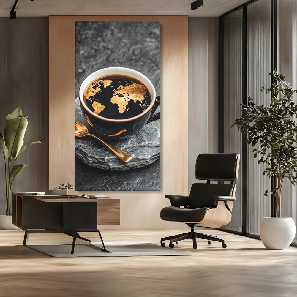 Tablou Canvas Premium, LuxCanva® N1020, Harta de Aur, Cafea, Espresso, Harta Lumii, Auriu, Negru, Aroma, Continente, Elegant, Lux, Pub, Lounge, Bar, Restaurant, Bucatarie