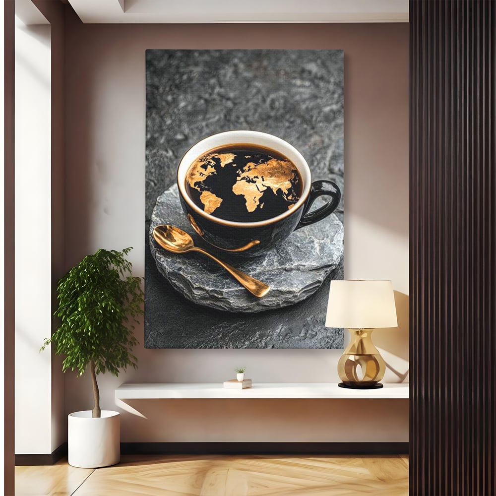 Tablou Canvas Premium, LuxCanva® N1020, Harta de Aur, Cafea, Espresso, Harta Lumii, Auriu, Negru, Aroma, Continente, Elegant, Lux, Pub, Lounge, Bar, Restaurant, Bucatarie