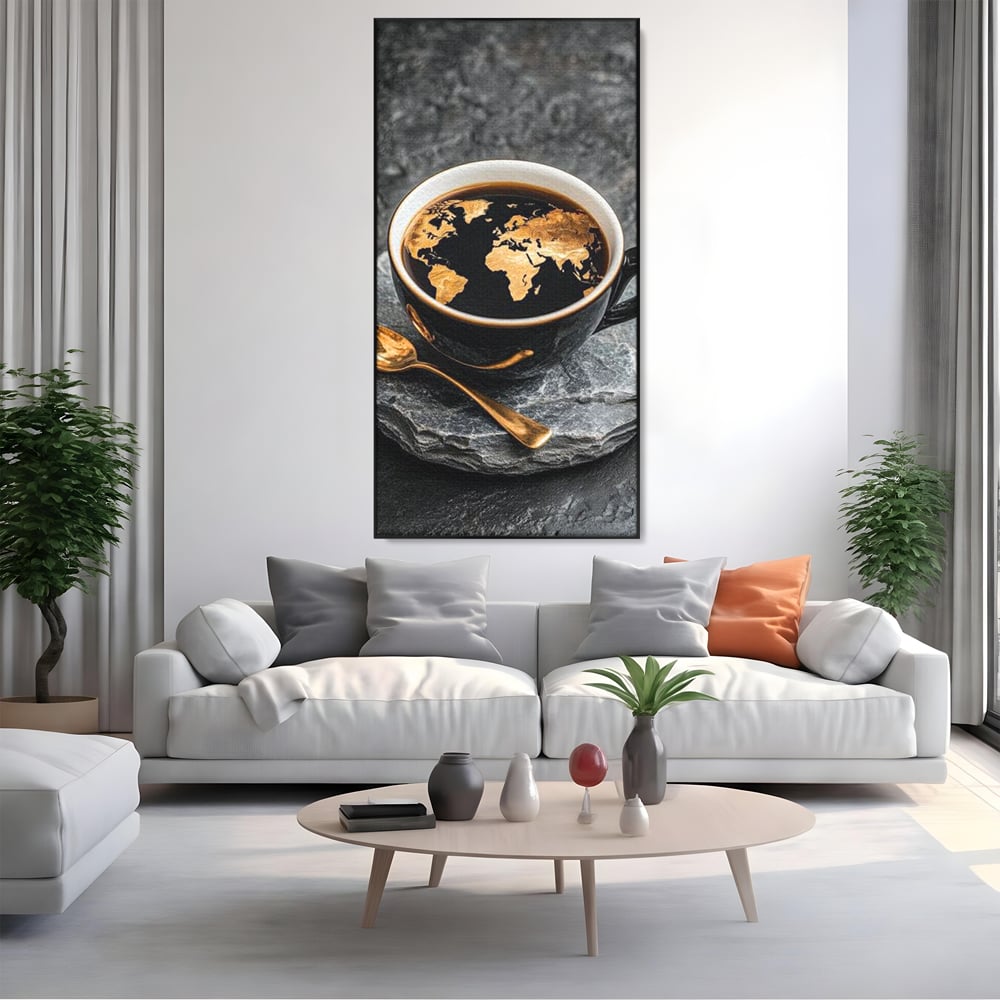Tablou Canvas Premium, LuxCanva® N1020, Harta de Aur, Cafea, Espresso, Harta Lumii, Auriu, Negru, Aroma, Continente, Elegant, Lux, Pub, Lounge, Bar, Restaurant, Bucatarie