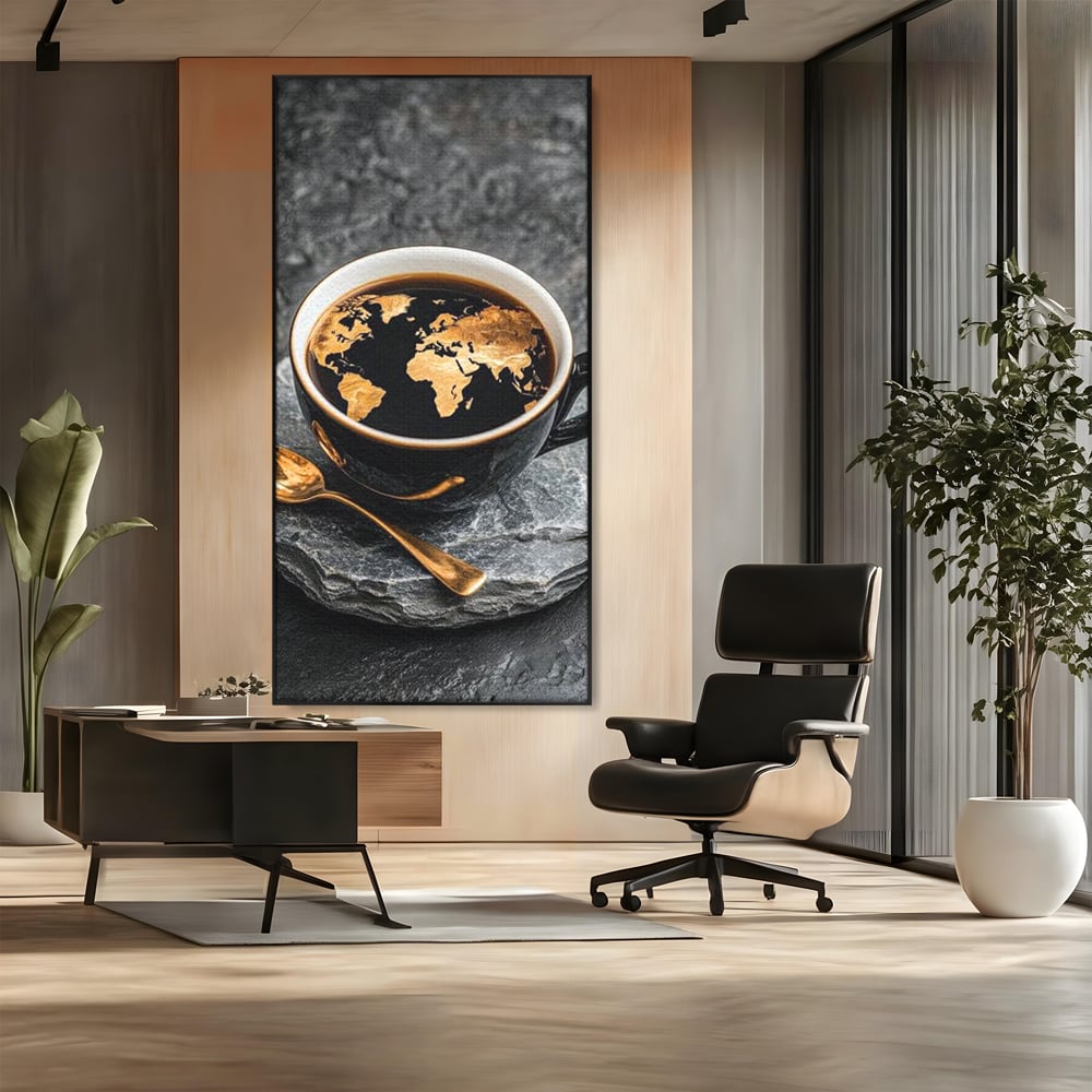 Tablou Canvas Premium, LuxCanva® N1020, Harta de Aur, Cafea, Espresso, Harta Lumii, Auriu, Negru, Aroma, Continente, Elegant, Lux, Pub, Lounge, Bar, Restaurant, Bucatarie