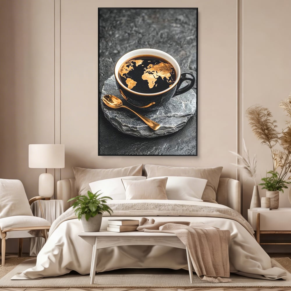 Tablou Canvas Premium, LuxCanva® N1020, Harta de Aur, Cafea, Espresso, Harta Lumii, Auriu, Negru, Aroma, Continente, Elegant, Lux, Pub, Lounge, Bar, Restaurant, Bucatarie
