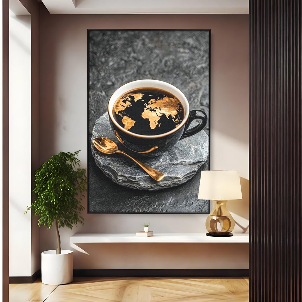 Tablou Canvas Premium, LuxCanva® N1020, Harta de Aur, Cafea, Espresso, Harta Lumii, Auriu, Negru, Aroma, Continente, Elegant, Lux, Pub, Lounge, Bar, Restaurant, Bucatarie