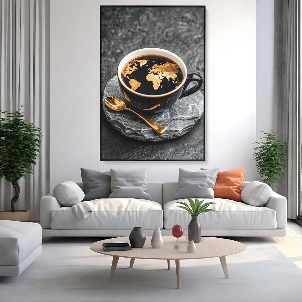 Tablou Canvas Premium, LuxCanva® N1020, Harta de Aur, Cafea, Espresso, Harta Lumii, Auriu, Negru, Aroma, Continente, Elegant, Lux, Pub, Lounge, Bar, Restaurant, Bucatarie