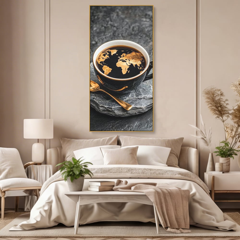 Tablou Canvas Premium, LuxCanva® N1020, Harta de Aur, Cafea, Espresso, Harta Lumii, Auriu, Negru, Aroma, Continente, Elegant, Lux, Pub, Lounge, Bar, Restaurant, Bucatarie