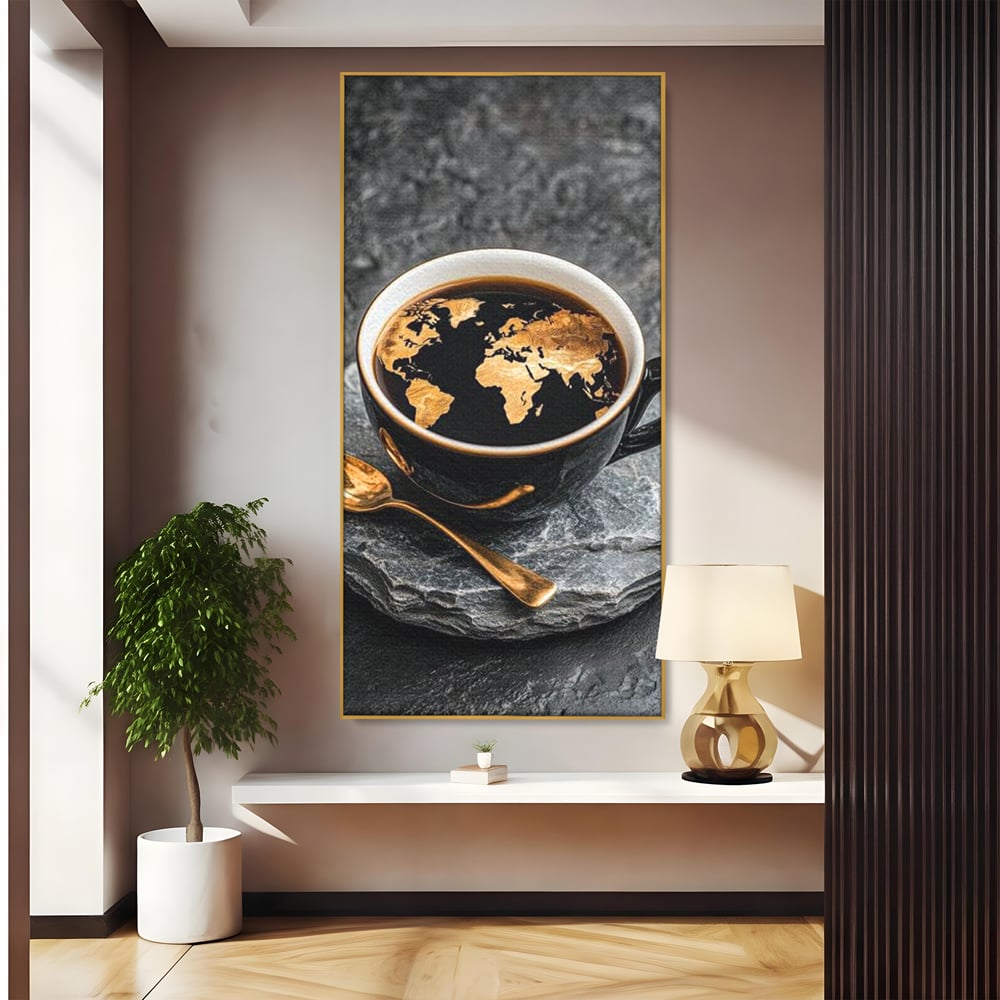Tablou Canvas Premium, LuxCanva® N1020, Harta de Aur, Cafea, Espresso, Harta Lumii, Auriu, Negru, Aroma, Continente, Elegant, Lux, Pub, Lounge, Bar, Restaurant, Bucatarie