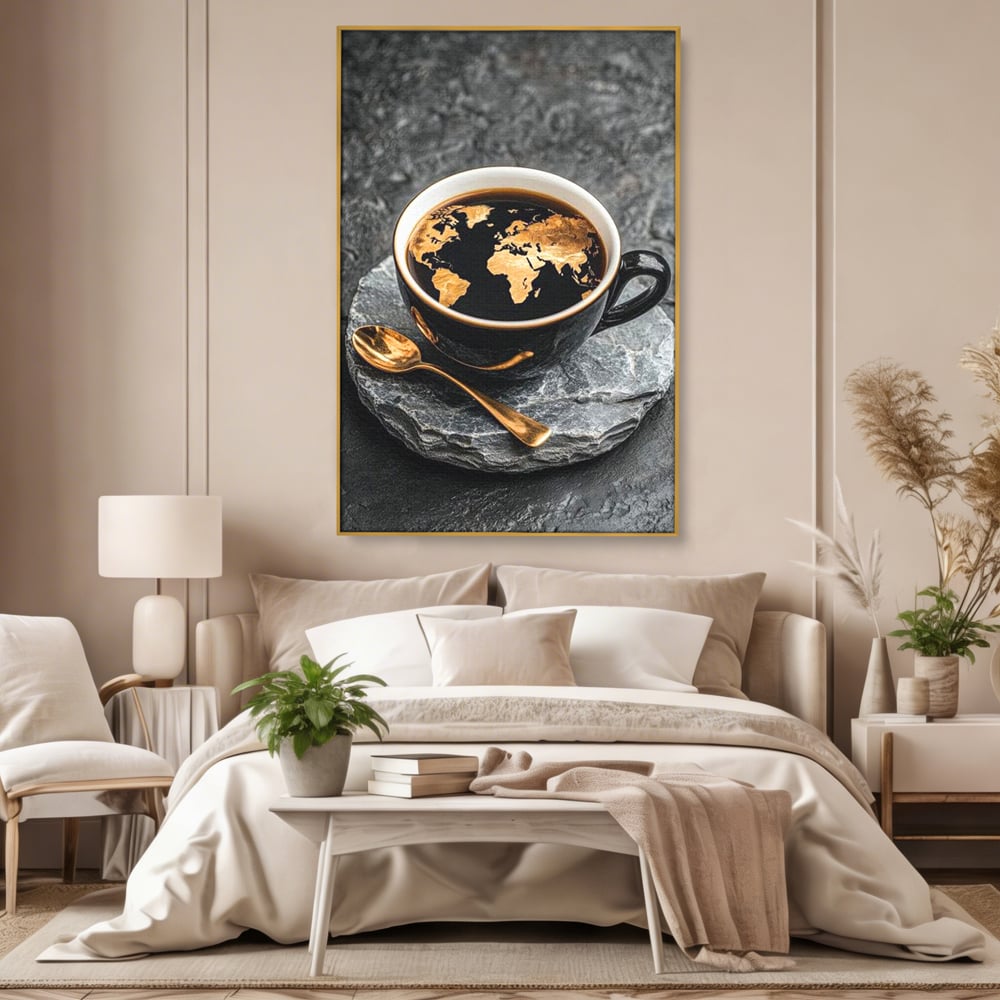 Tablou Canvas Premium, LuxCanva® N1020, Harta de Aur, Cafea, Espresso, Harta Lumii, Auriu, Negru, Aroma, Continente, Elegant, Lux, Pub, Lounge, Bar, Restaurant, Bucatarie