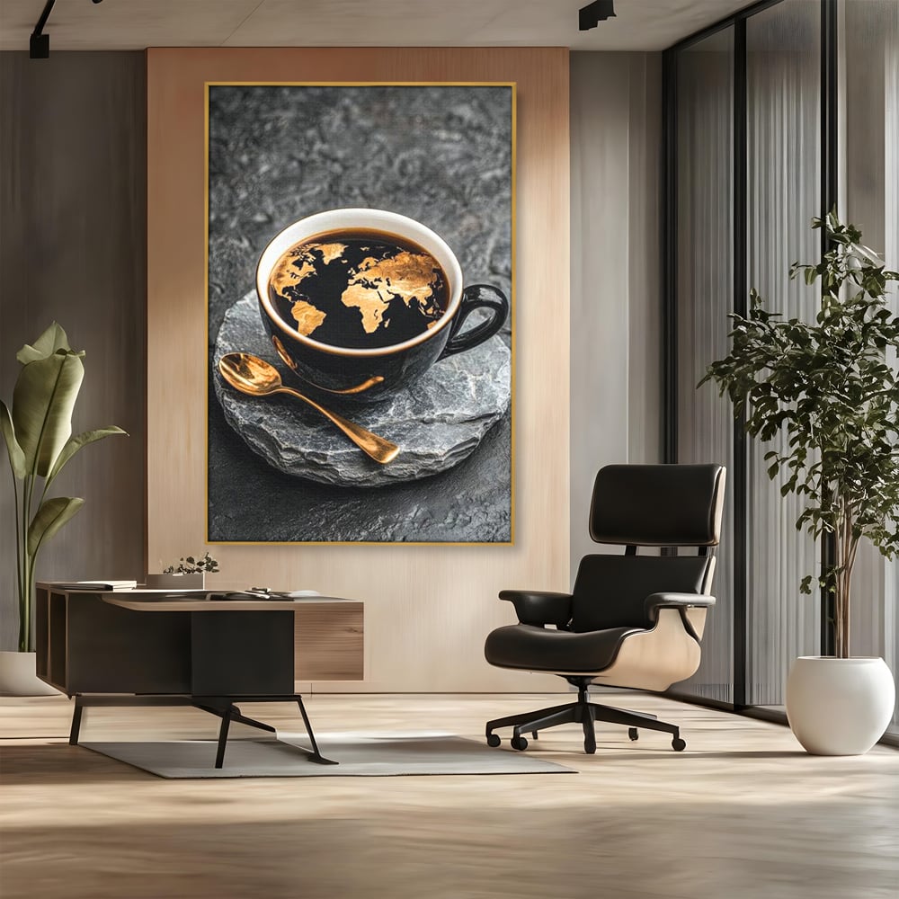 Tablou Canvas Premium, LuxCanva® N1020, Harta de Aur, Cafea, Espresso, Harta Lumii, Auriu, Negru, Aroma, Continente, Elegant, Lux, Pub, Lounge, Bar, Restaurant, Bucatarie